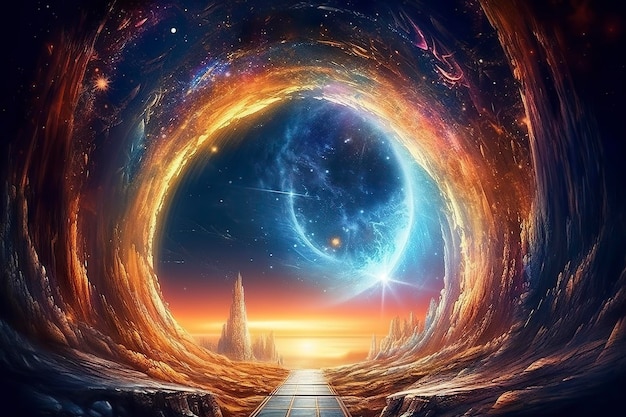 Portal to another world Futuristic cosmic landscape with circle tunnel in starry sky Gate in space futuristic background with galaxy and nebula Created with Generative AIx9