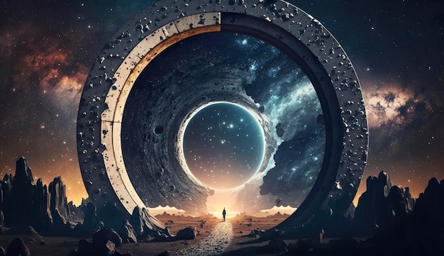 Portal to another world Futuristic cosmic landscape with circle tunnel in starry sky