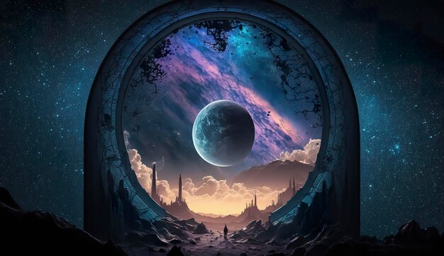 Portal to another world futuristic cosmic landscape with circle tunnel in starry sky