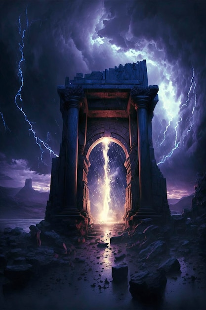 A portal to another world opening up amidst a lightning storm