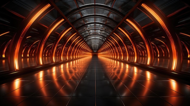 portal of beautiful neon lights with glowing orange lines in a tunnel background