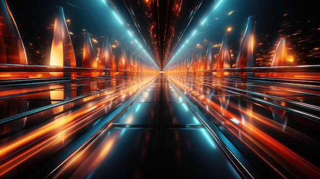 portal of beautiful neon lights with glowing orange lines in a tunnel background