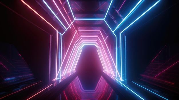 Portal of beautiful neon lights with glowing purple and blue lines in a tunnel Generative AI AIG21