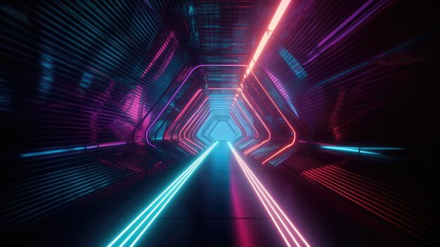 Portal of beautiful neon lights with glowing purple and blue lines in a tunnel Generative AI AIG21