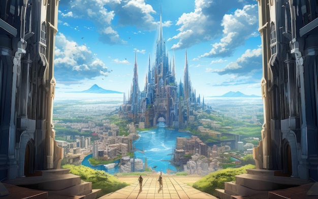 Portal to a magical world huge fantasy castle with a lake and buildings around the castle sunny day blue sky