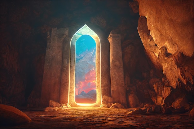 Портал в каменной арке в горной пещере Ворота в другие миры Фантастическая сцена 3D рендеринг растровой иллюстрации