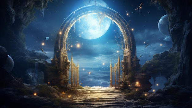 Photo a portal with a moon and stars on it