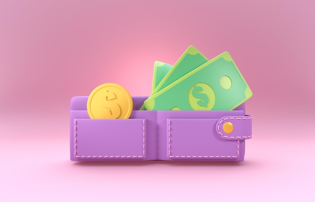Portemonnee met geld 3d illustratie