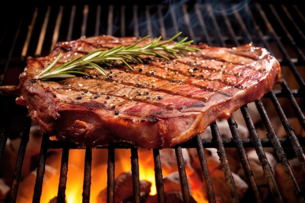 Porterhouse steak with rosemary on a hot grill