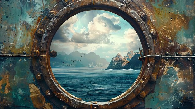 Photo porthole view of majestic sea cliffs under a blue sky