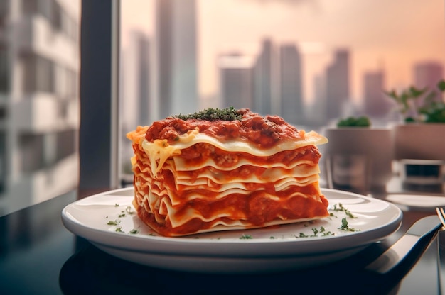 Portie huisgemaakte lasagne van geroosterd sappig rundergehakt gegarneerd met gesmolten kaas AI gegenereerd