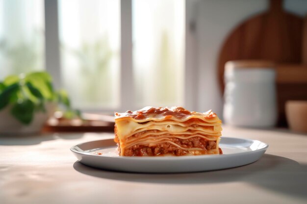 Portie huisgemaakte lasagne van geroosterd sappig rundergehakt gegarneerd met gesmolten kaas AI gegenereerd