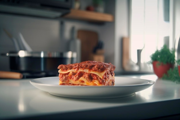 Portie huisgemaakte lasagne van geroosterd sappig rundergehakt gegarneerd met gesmolten kaas AI gegenereerd