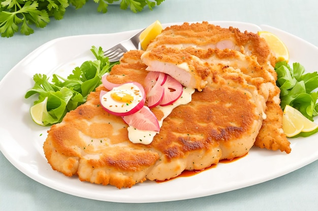 Portie schnitzel met garnering op witte achtergrond