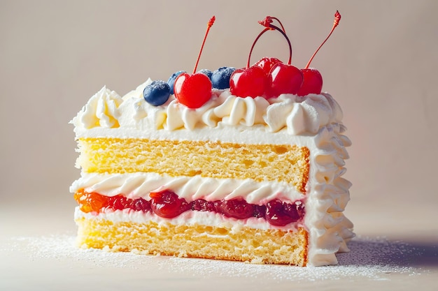 A portion of beautiful sponge cake with whipped cream and berries AI generated