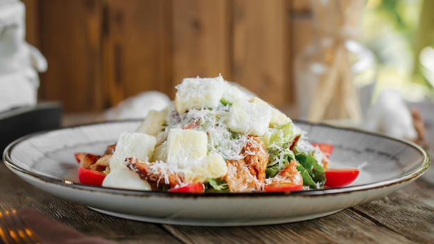 Portion of caesar salad with chicken