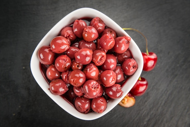 Portion of Canned Cherries selective focus