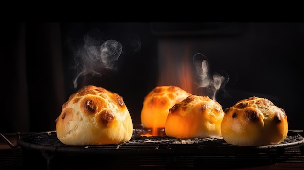 Portion of cheese bread from Minas Gerais cuisine baked in the oven and served on the table Cheese and ham snack