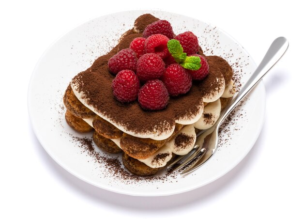 Portion of classic tiramisu dessert with raspberries on a ceramic plate