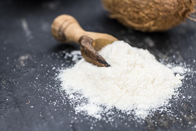 Portion of Coconut flour as detailed closeup shot selective focus