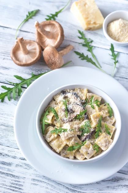 Portion of creamy mushroom ravioletti