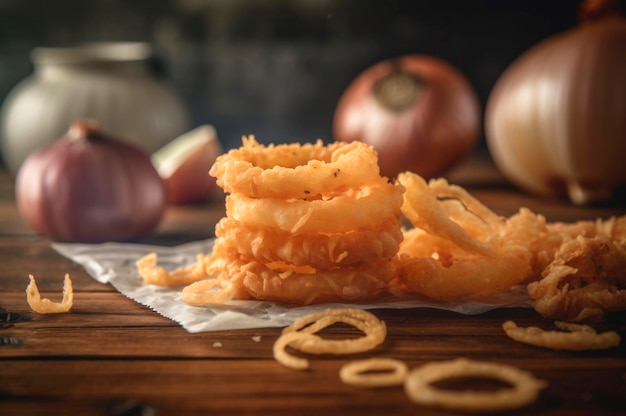 Foto porzione di anelli di cipolla fritti croccanti sulla tavola di legno rustica ai generato