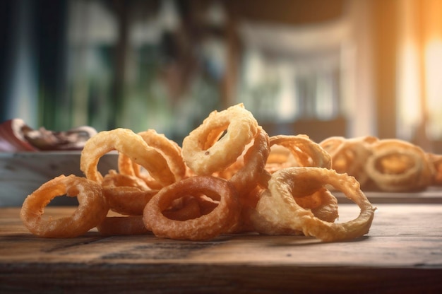 Portion of crispy fried onion rings on rustic wooden table AI generated