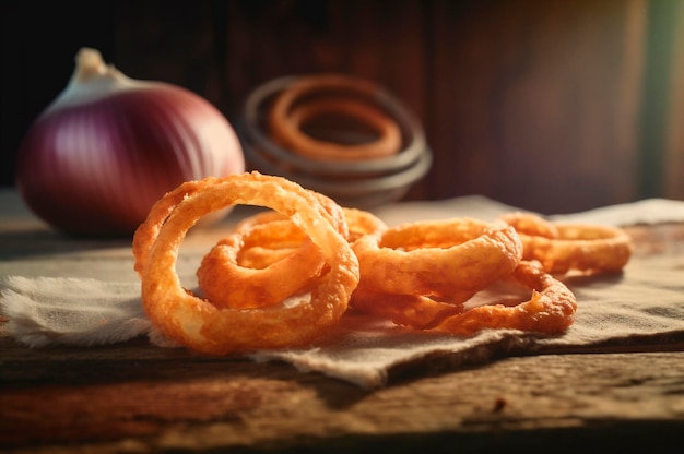 Portion of crispy fried onion rings on rustic wooden table AI generated