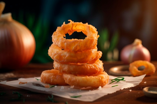 Portion of crispy fried onion rings on rustic wooden table AI generated