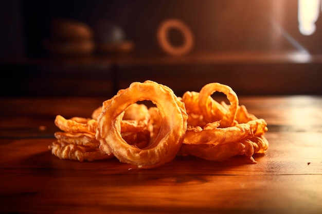 Portion of crispy fried onion rings on rustic wooden table AI generated