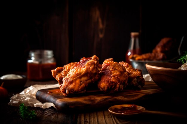 소박한 나무 테이블 AI에 맛있는 바삭한 빵가루를 입힌 프라이드 치킨의 일부가 생성되었습니다.