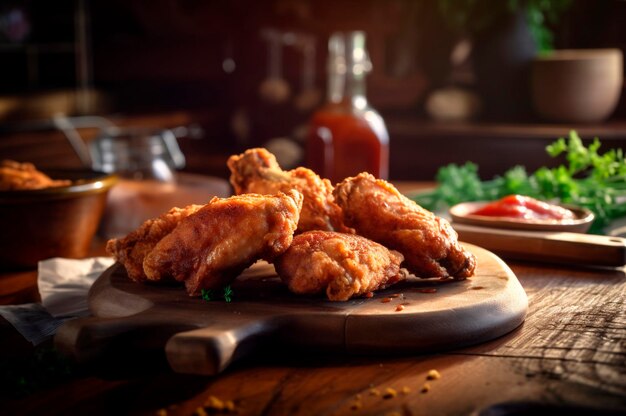 소박한 나무 테이블 AI에 맛있는 바삭한 빵가루를 입힌 프라이드 치킨의 일부가 생성되었습니다.