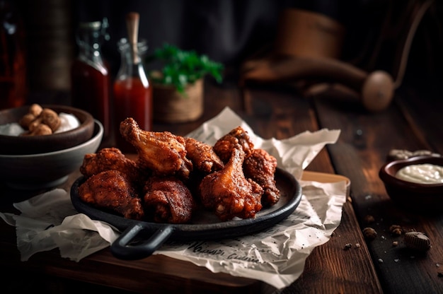 Portion of delicious crispy breaded fried chicken on rustic wooden table AI generated