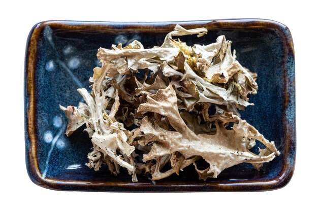 Portion of dried Iceland moss in bowl isolated