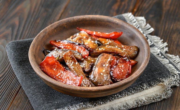 Portion of eggplant pepper teriyaki stir fry