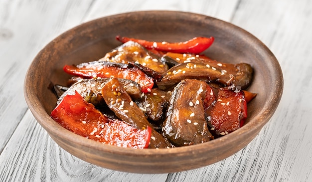 Portion of eggplant pepper teriyaki stir-fry