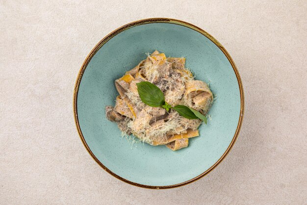 Portion of fettuccine pasta alfredo with chicken