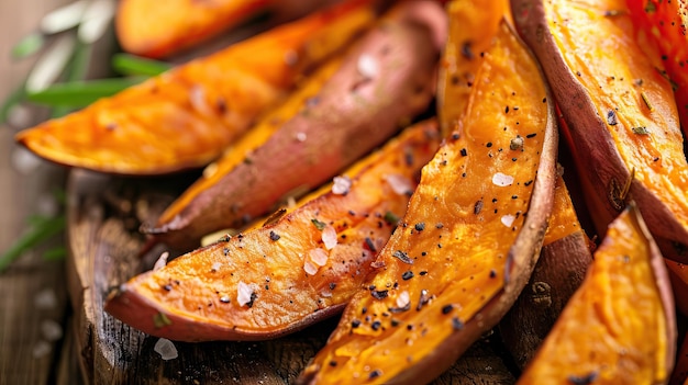 Photo portion of fresh baked sweet potato wedges