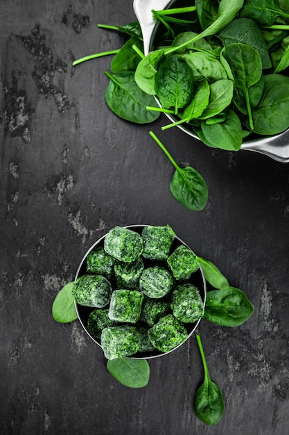 Portion of frozen spinach close up selective focus