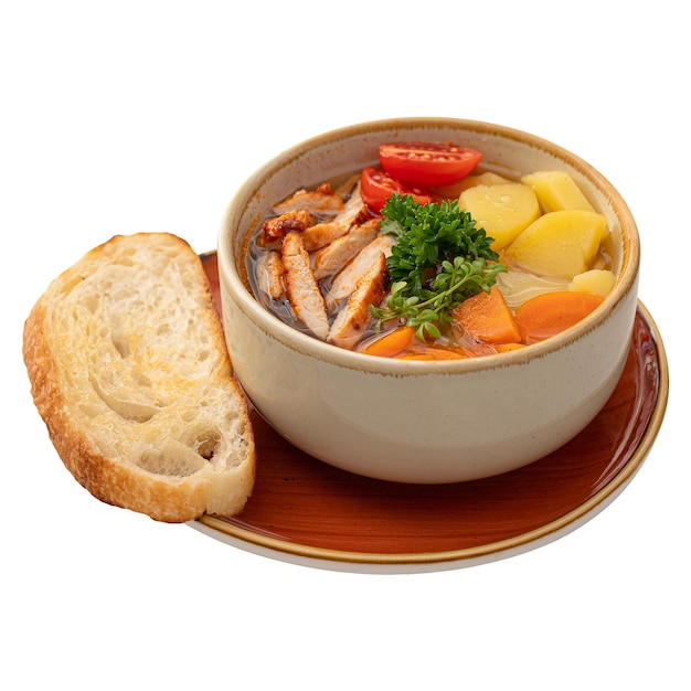 Portion of healthy chicken soup with vegetables