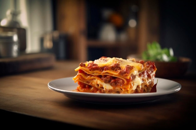 Porzione di lasagna fatta in casa di succosa carne macinata arrosto condita con formaggio fuso generato dall'intelligenza artificiale