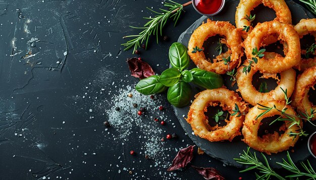 Portion of homemade Onion Rings with fresh herbs Copy space image Place for adding text