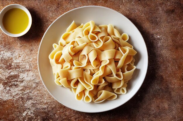 Portion of homemade pasta laid out on plate on wooden table