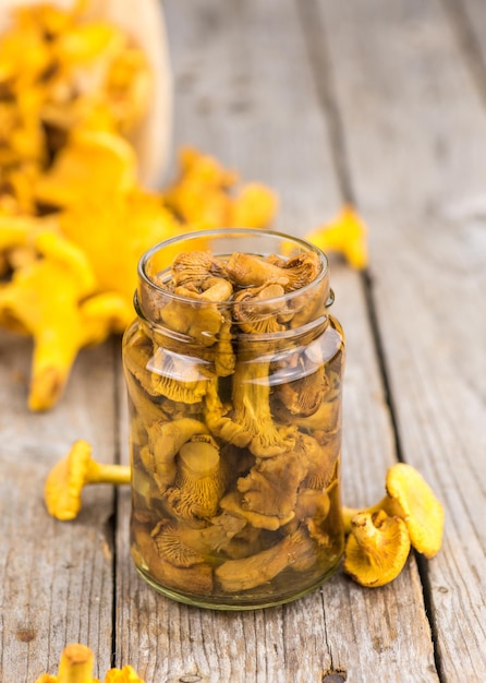 Portion of Preserved chanterelles selective focus