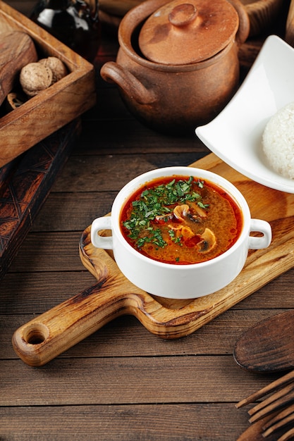 Portion of red mushroom soup