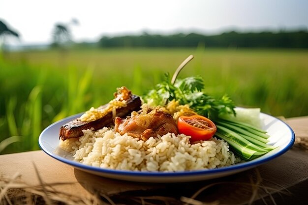 A portion of rice with a side dish of chicken with a rural plantation background Classic food menu concept