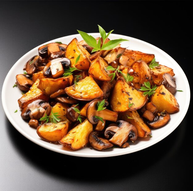 Portion of roasted potato with mushrooms