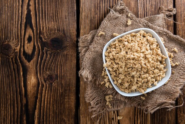 Photo portion of soy meat on wood