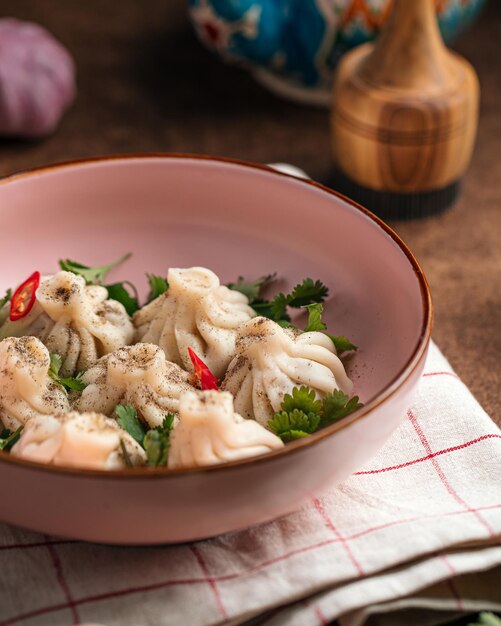 Photo portion of steamed georgian khinkali dumplings