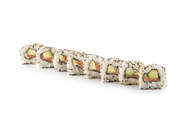 Portion of sushi uramaki isolated on white background.